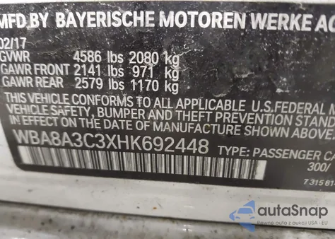 2017 BMW 320I xDrive from USA, damaged, VIN WBA8A3C3XHK692448